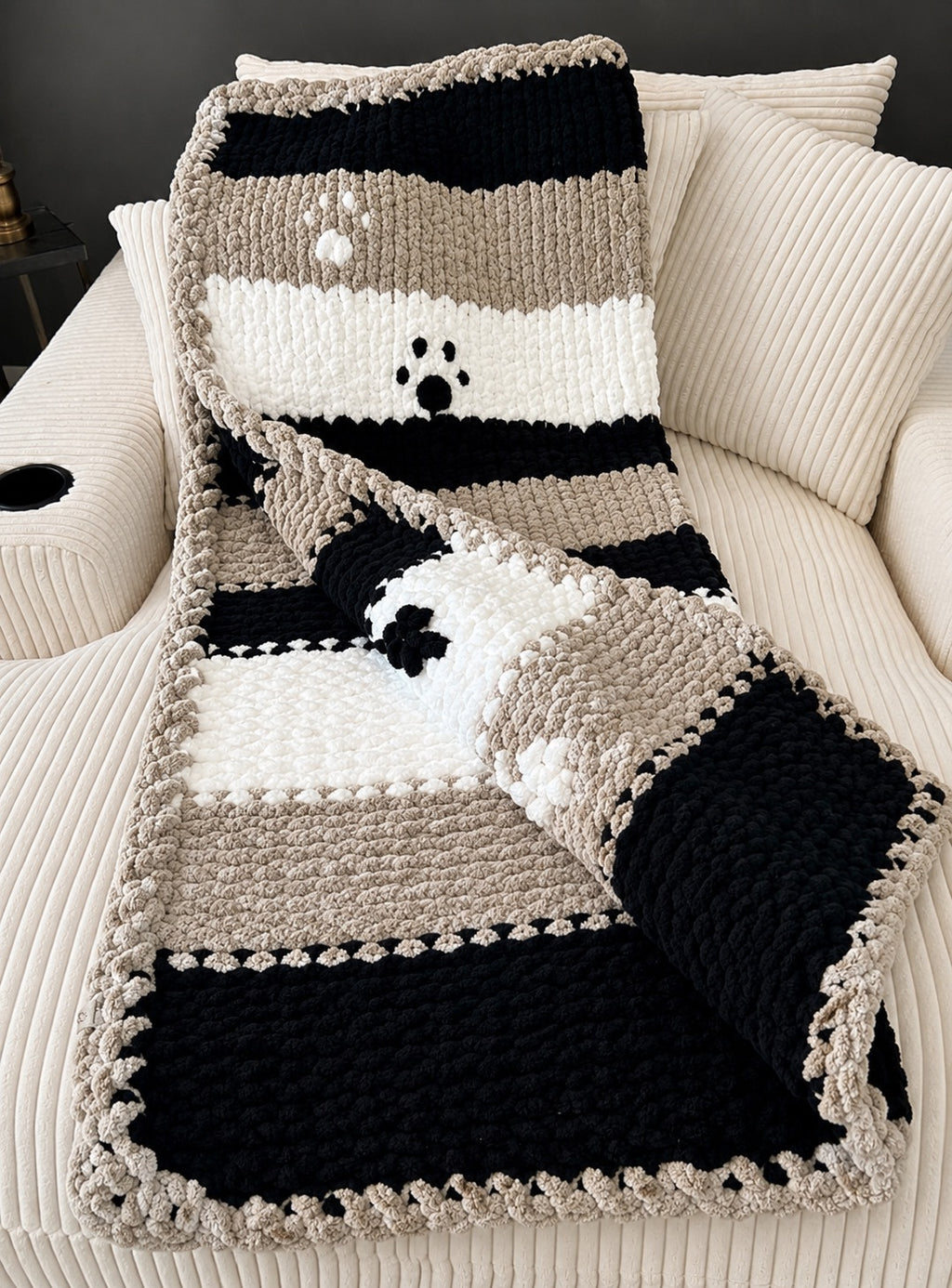 Handmade Chunky Knit Paw Print Blanket, Black, White & Light Gray 49x58