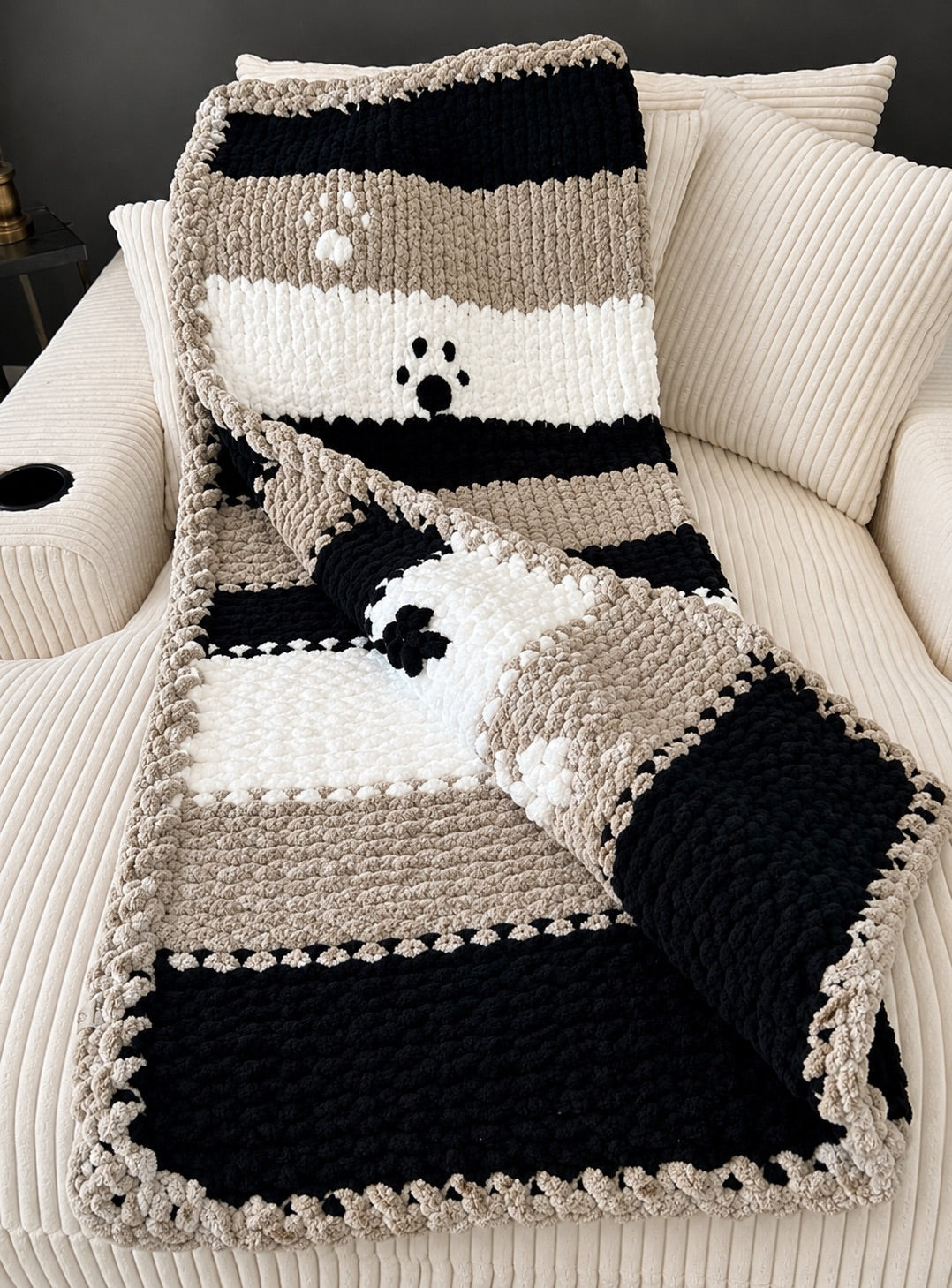 Handmade Chunky Knit Paw Print Blanket, Black, White & Light Gray 49x58