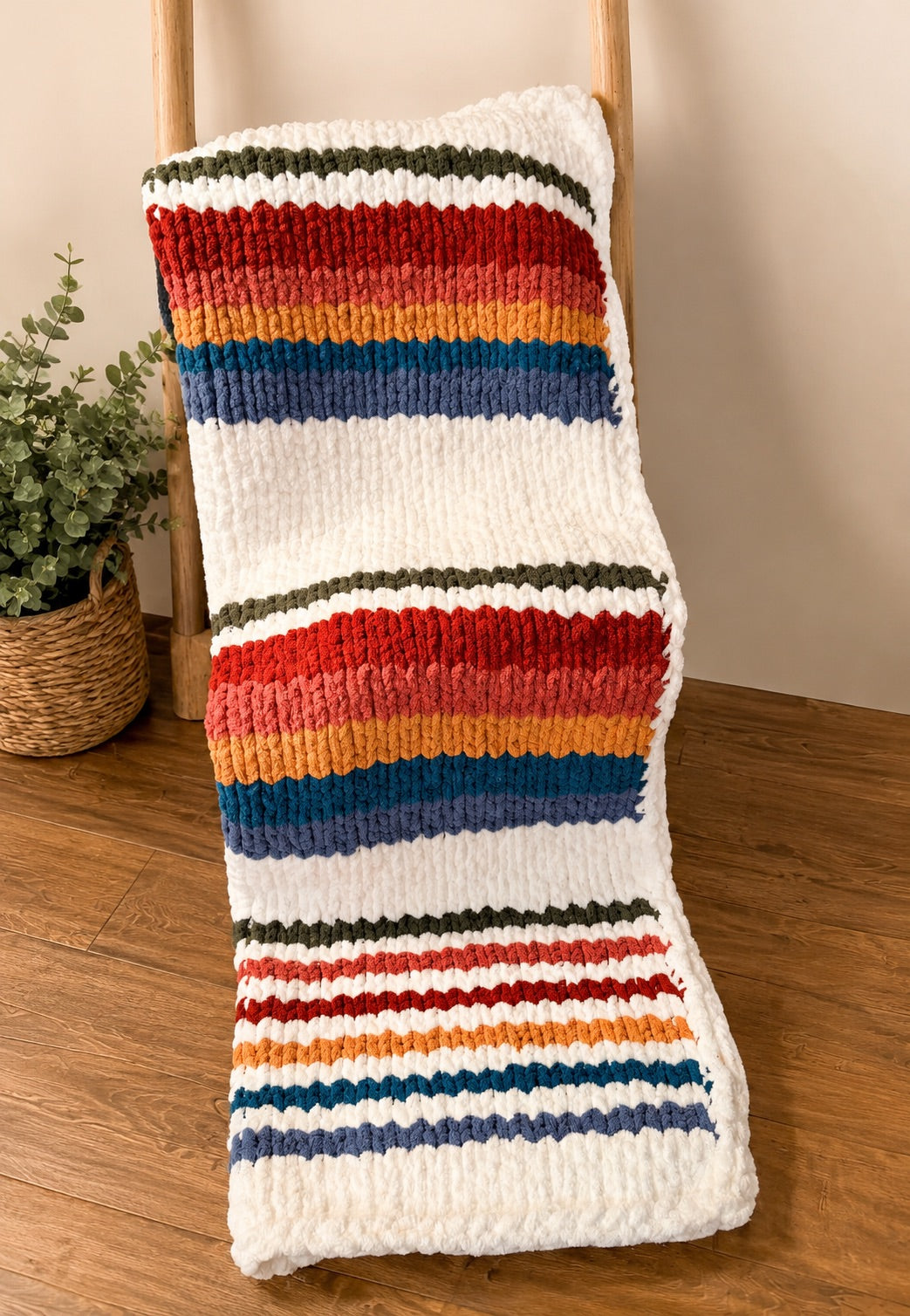 Handmade Chunky Knit Striped Blanket Throw, 55x76 Oversized Cozy Blanket