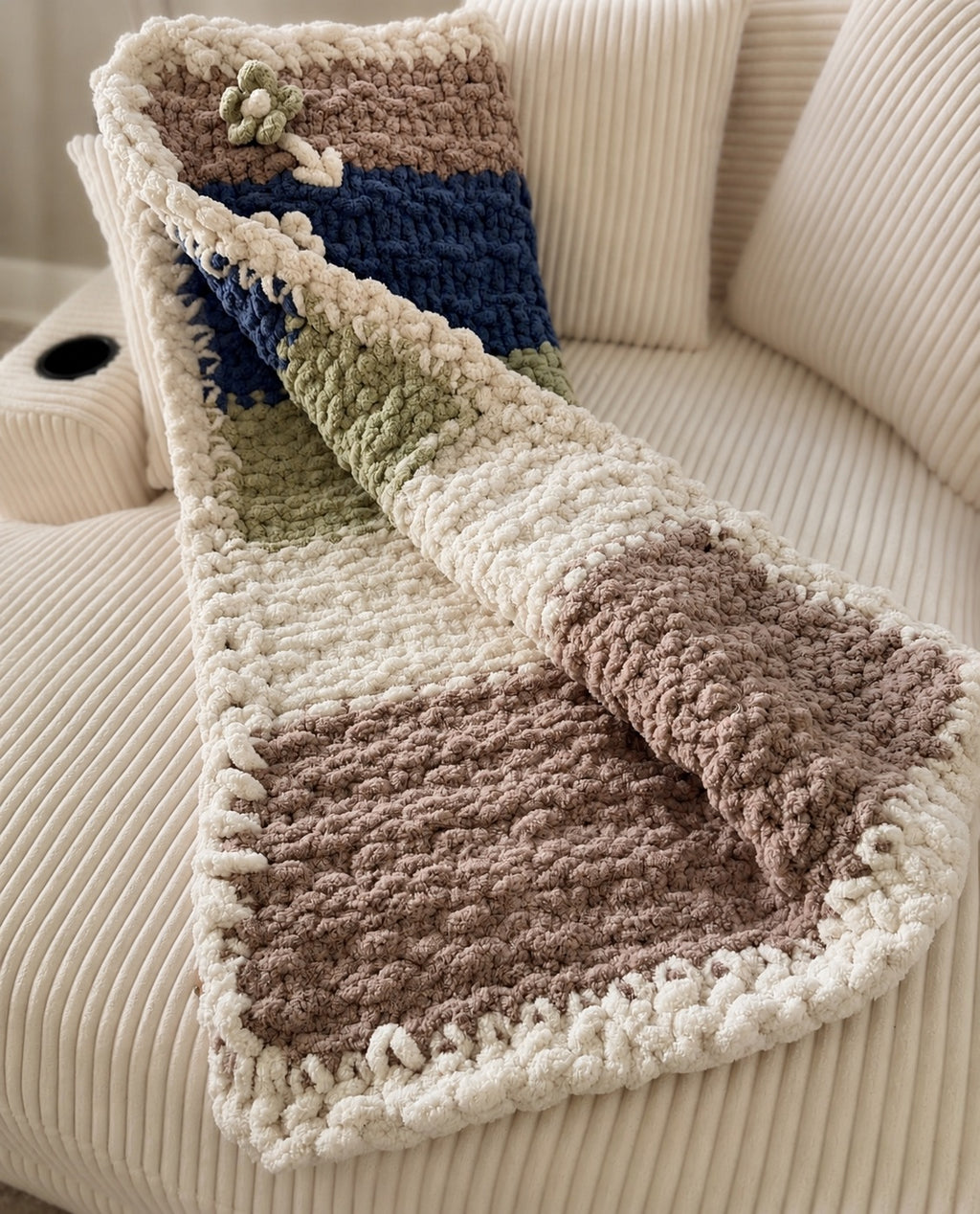 Soft Blue, Sage & Ivory Handmade Chunky Knit Lap Blanket with Floral Accents 38x50