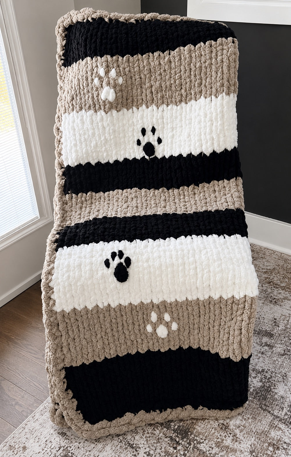 Handmade Chunky Knit Paw Print Blanket, Black, White & Light Gray 49x58
