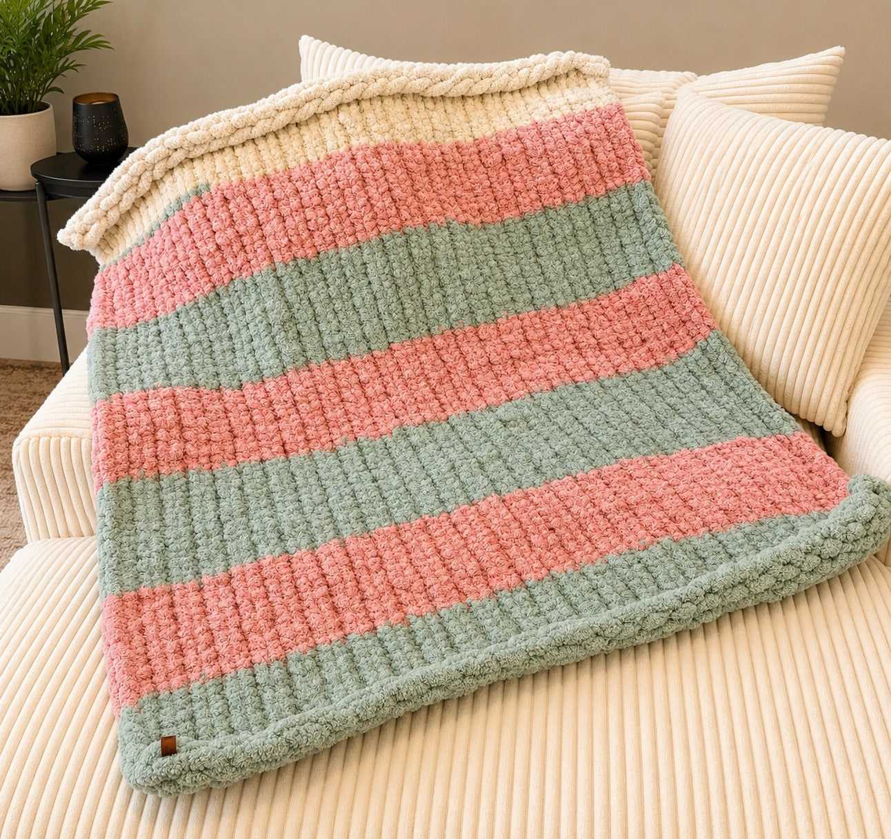 Handmade Chunky Knit Throw Blanket, Teal, Coral & Ivory, Approx. 40x46