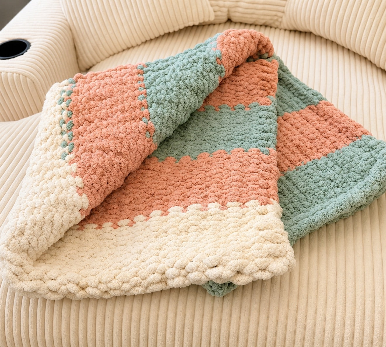 Handmade Chunky Knit Throw Blanket, Teal, Coral & Ivory, Approx. 40x46