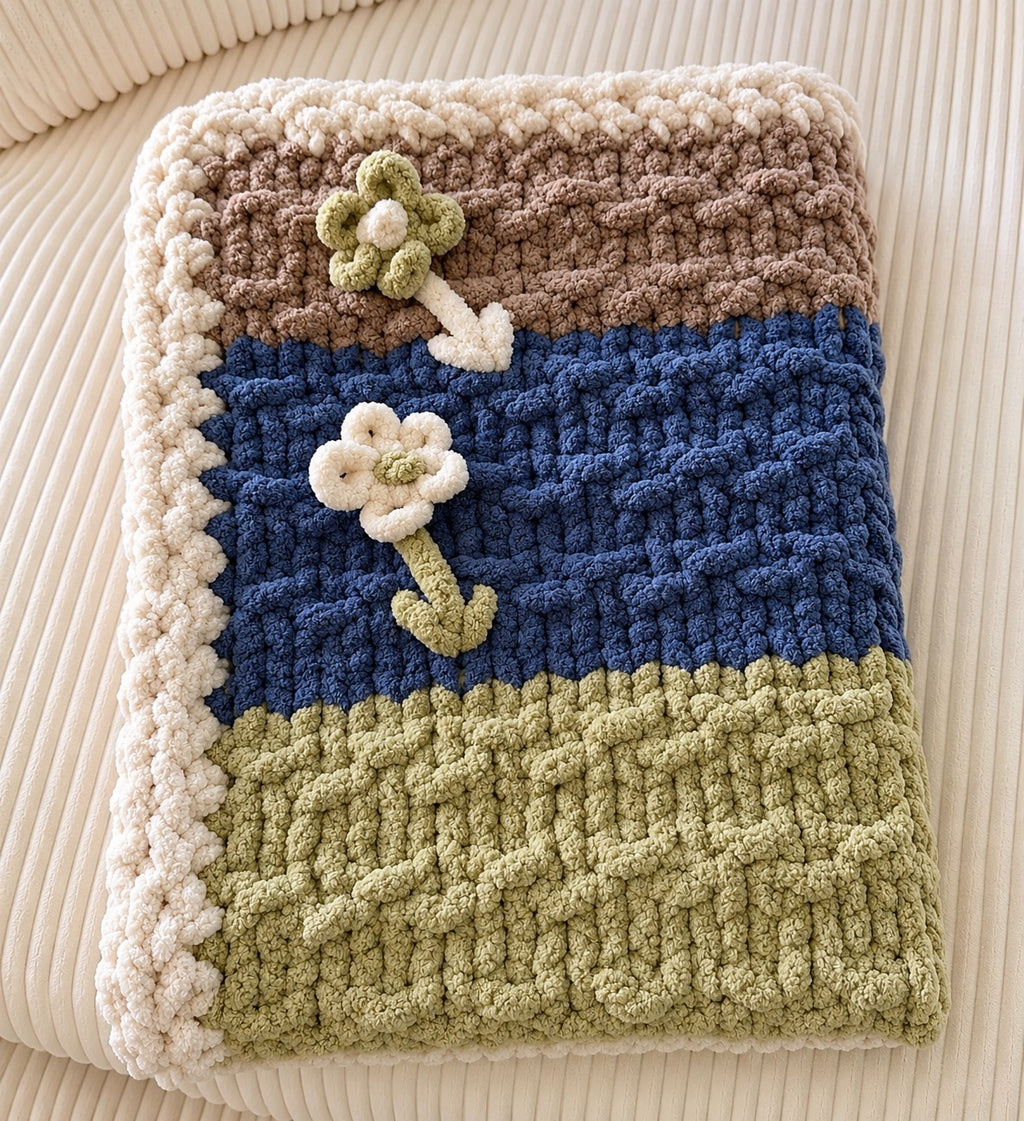 Soft Blue, Sage & Ivory Handmade Chunky Knit Lap Blanket with Floral Accents 38x50