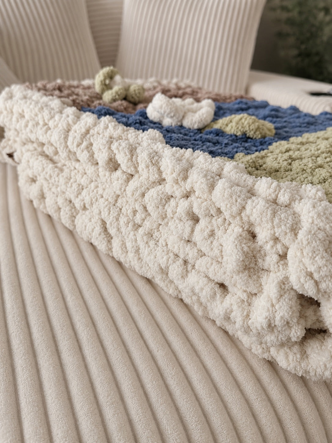 Soft Blue, Sage & Ivory Handmade Chunky Knit Lap Blanket with Floral Accents 38x50