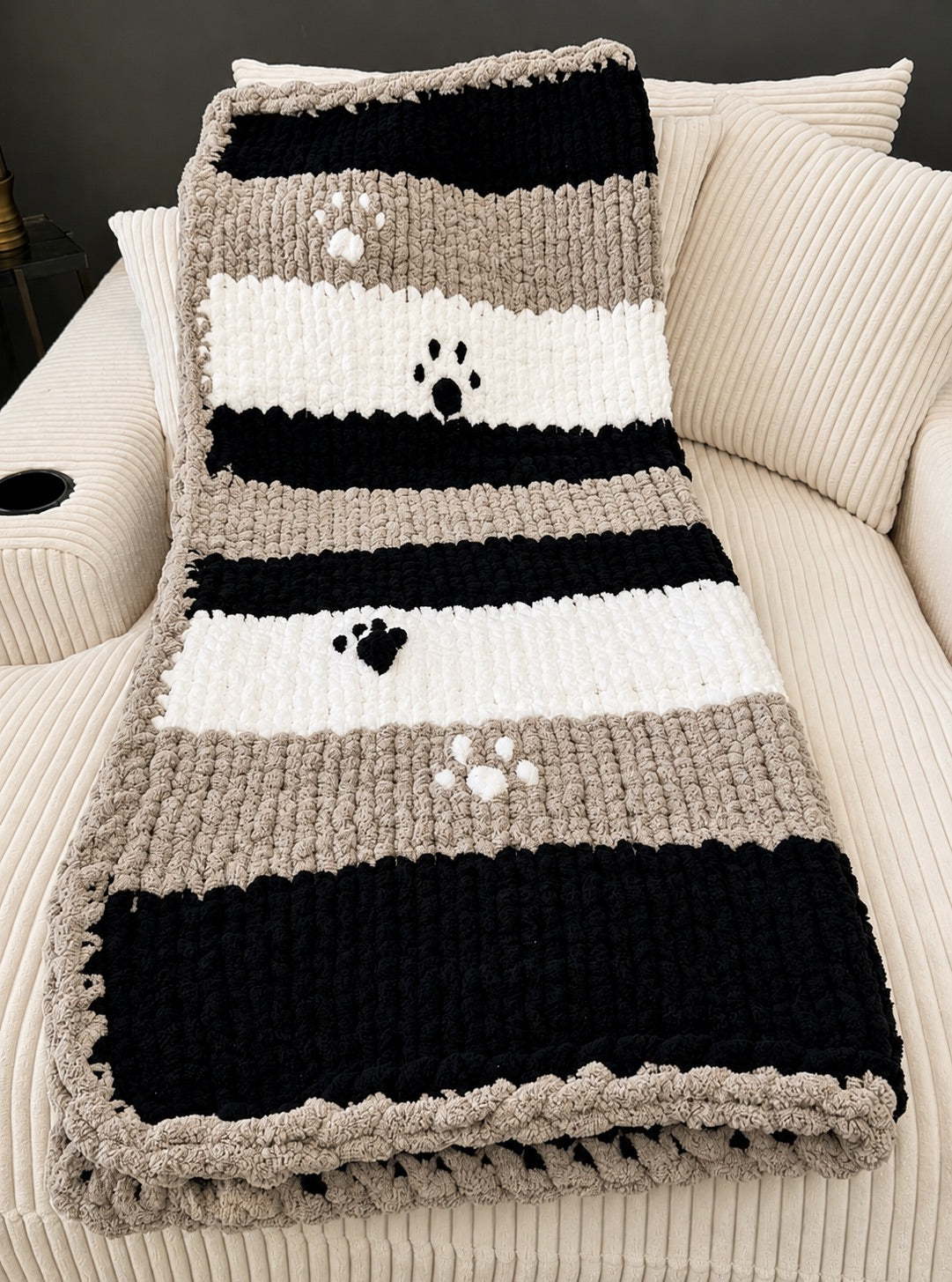 Handmade Chunky Knit Paw Print Blanket, Black, White & Light Gray 49x58