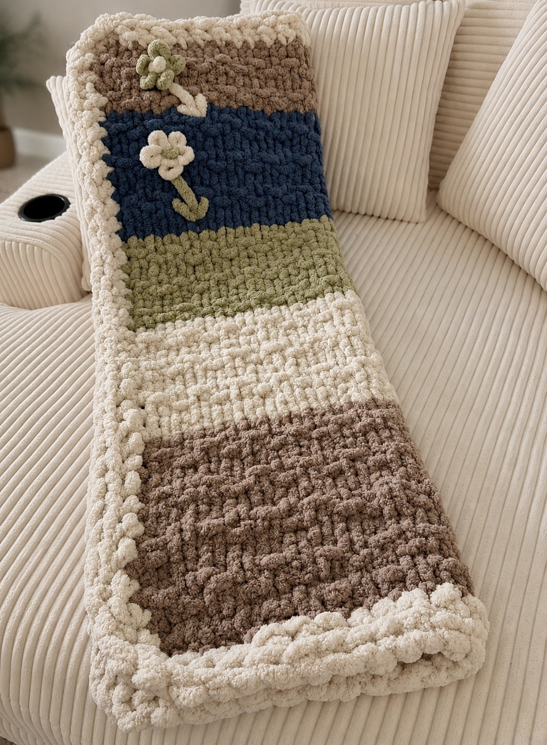 Soft Blue, Sage & Ivory Handmade Chunky Knit Lap Blanket with Floral Accents 38x50