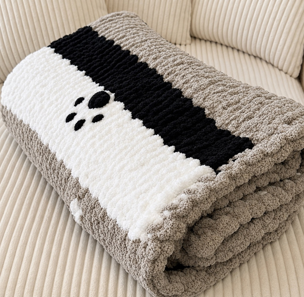 Handmade Chunky Knit Paw Print Blanket, Black, White & Light Gray 49x58