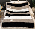 Handmade Chunky Knit Paw Print Blanket, Black, White & Light Gray 49x58