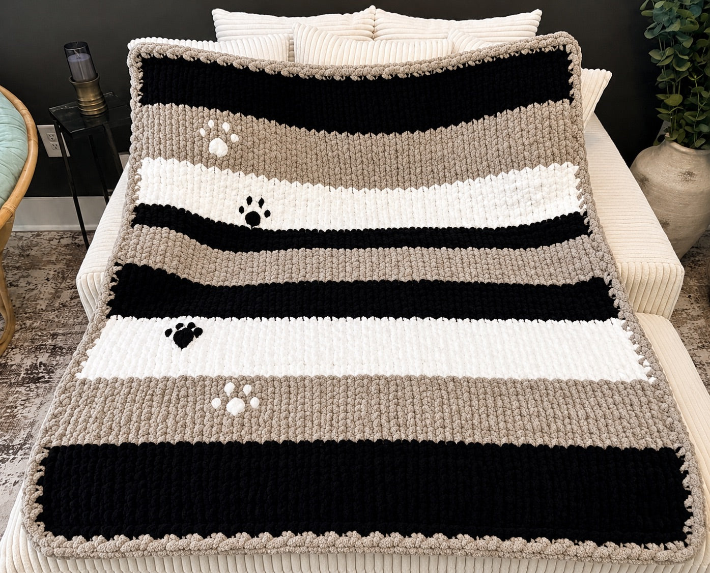 Handmade Chunky Knit Paw Print Blanket, Black, White & Light Gray 49x58