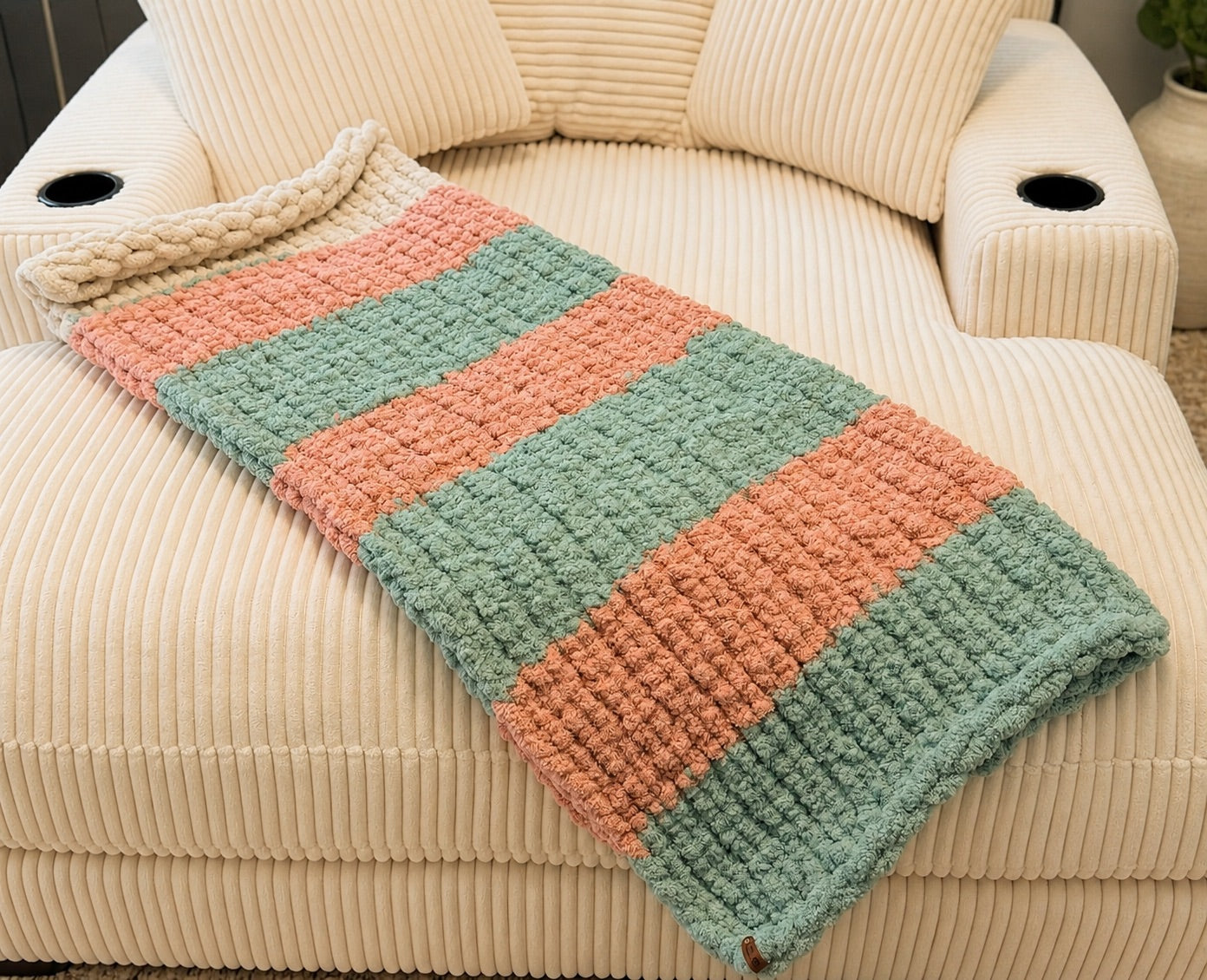 Handmade Chunky Knit Throw Blanket, Teal, Coral & Ivory, Approx. 40x46