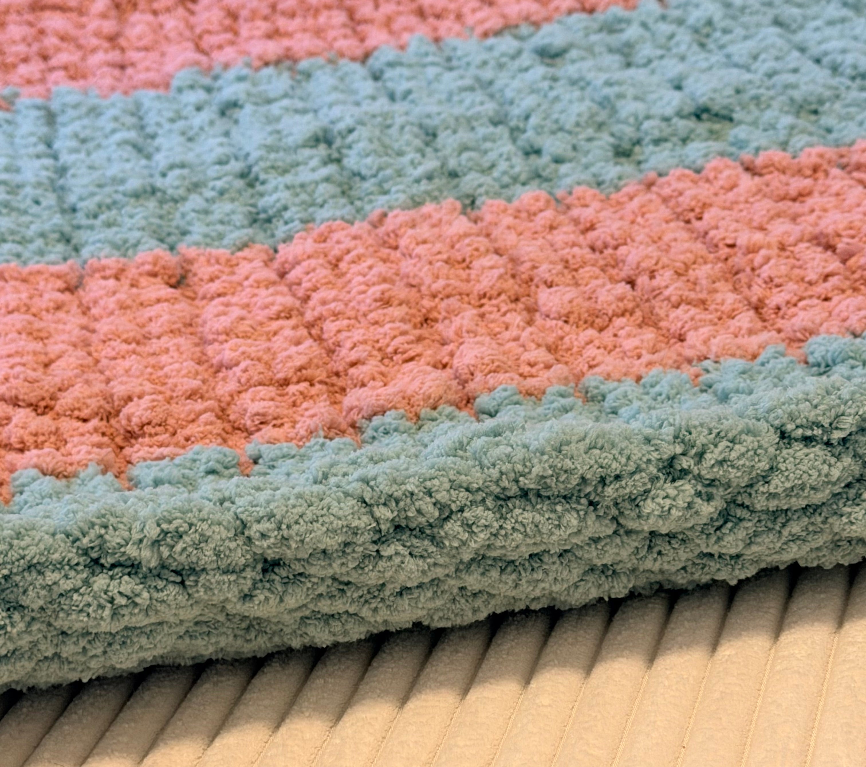 Handmade Chunky Knit Throw Blanket, Teal, Coral & Ivory, Approx. 40x46
