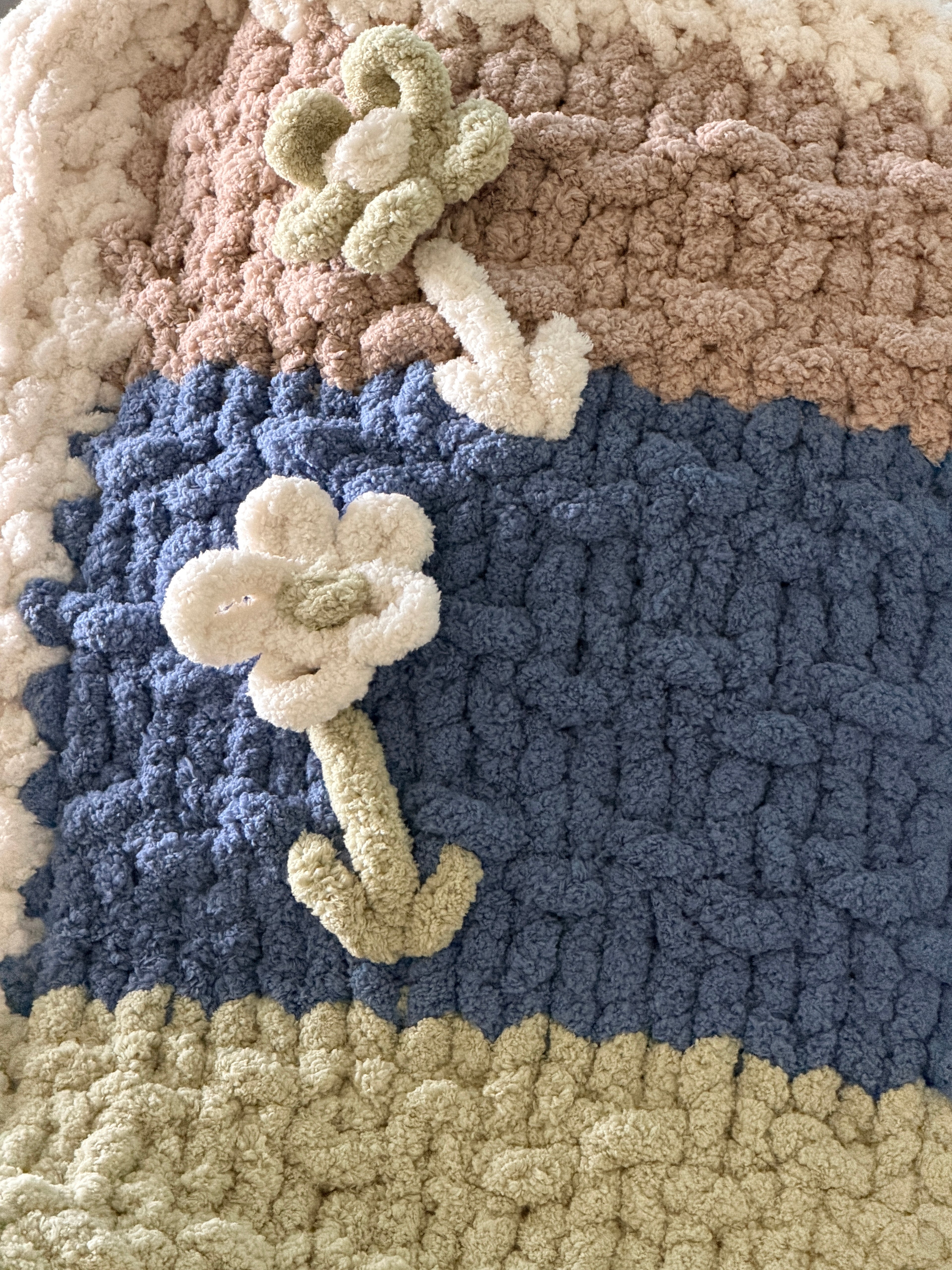 Soft Blue, Sage & Ivory Handmade Chunky Knit Lap Blanket with Floral Accents 38x50