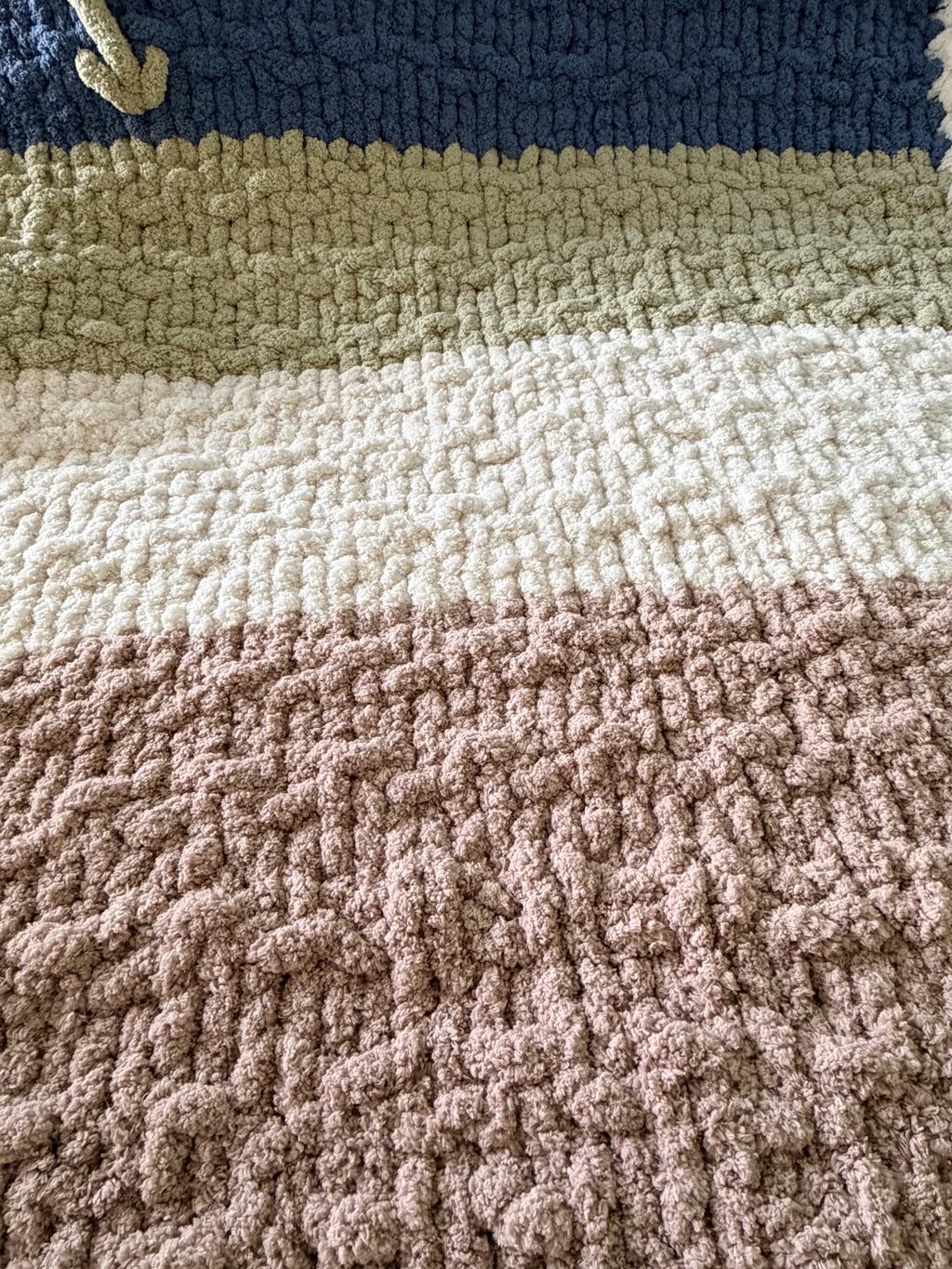 Soft Blue, Sage & Ivory Handmade Chunky Knit Lap Blanket with Floral Accents 38x50