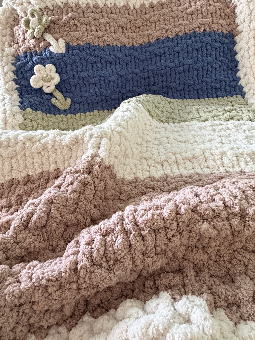 Soft Blue, Sage & Ivory Handmade Chunky Knit Lap Blanket with Floral Accents 38x50