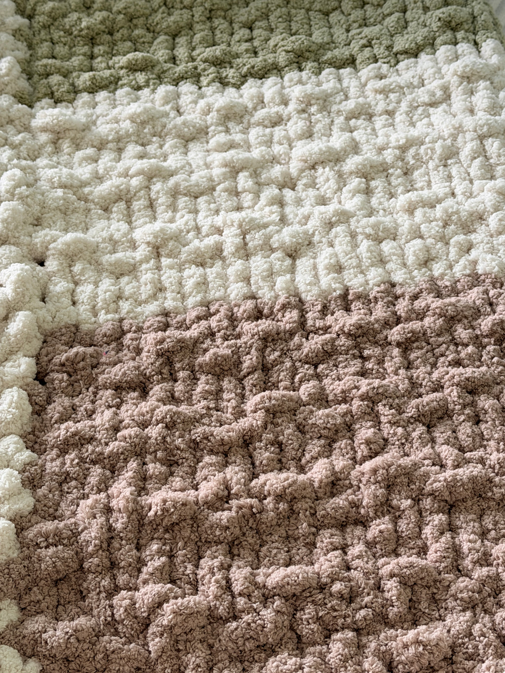 Soft Blue, Sage & Ivory Handmade Chunky Knit Lap Blanket with Floral Accents 38x50