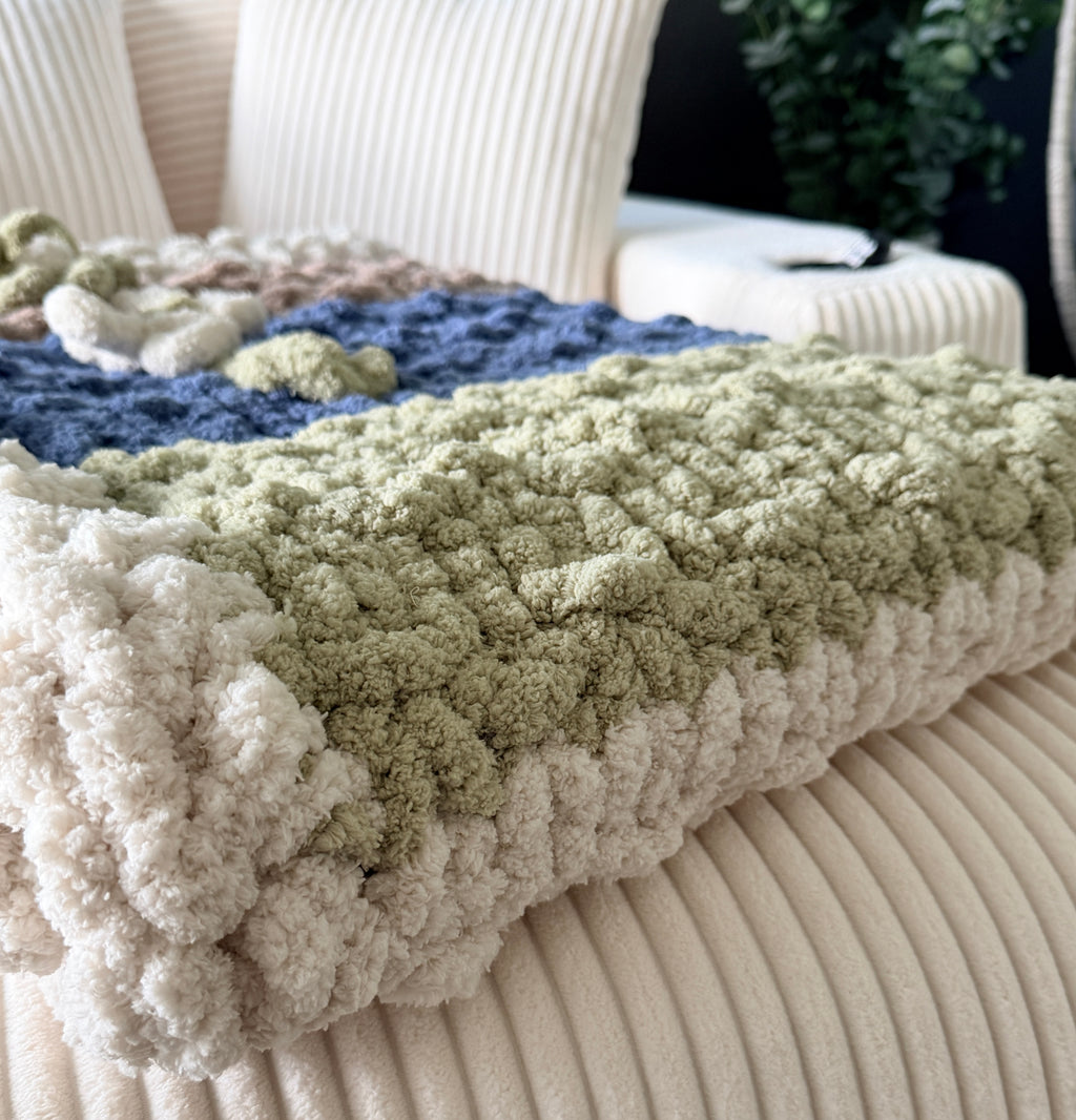 Soft Blue, Sage & Ivory Handmade Chunky Knit Lap Blanket with Floral Accents 38x50