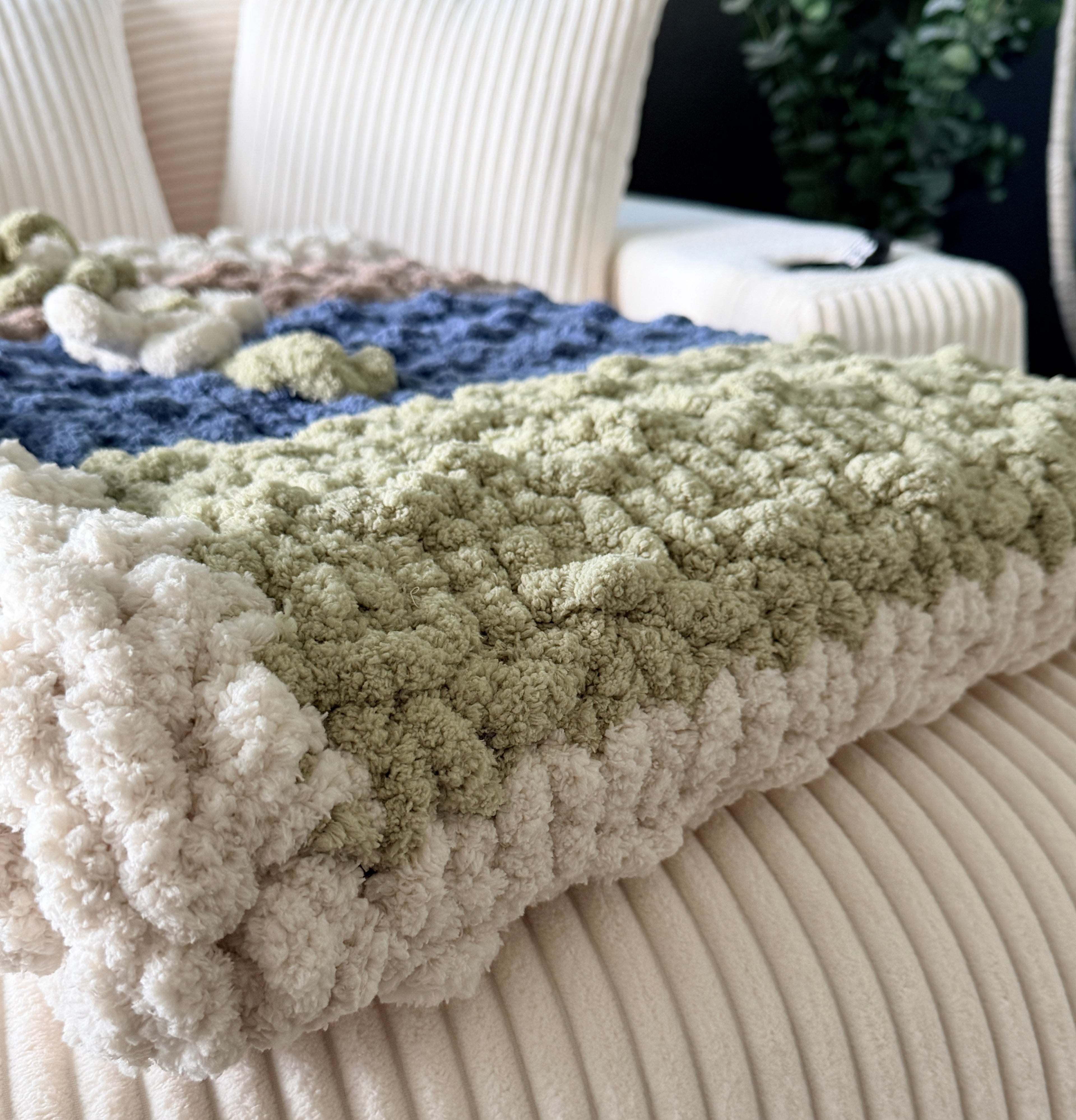 Soft Blue, Sage & Ivory Handmade Chunky Knit Lap Blanket with Floral Accents 38x50