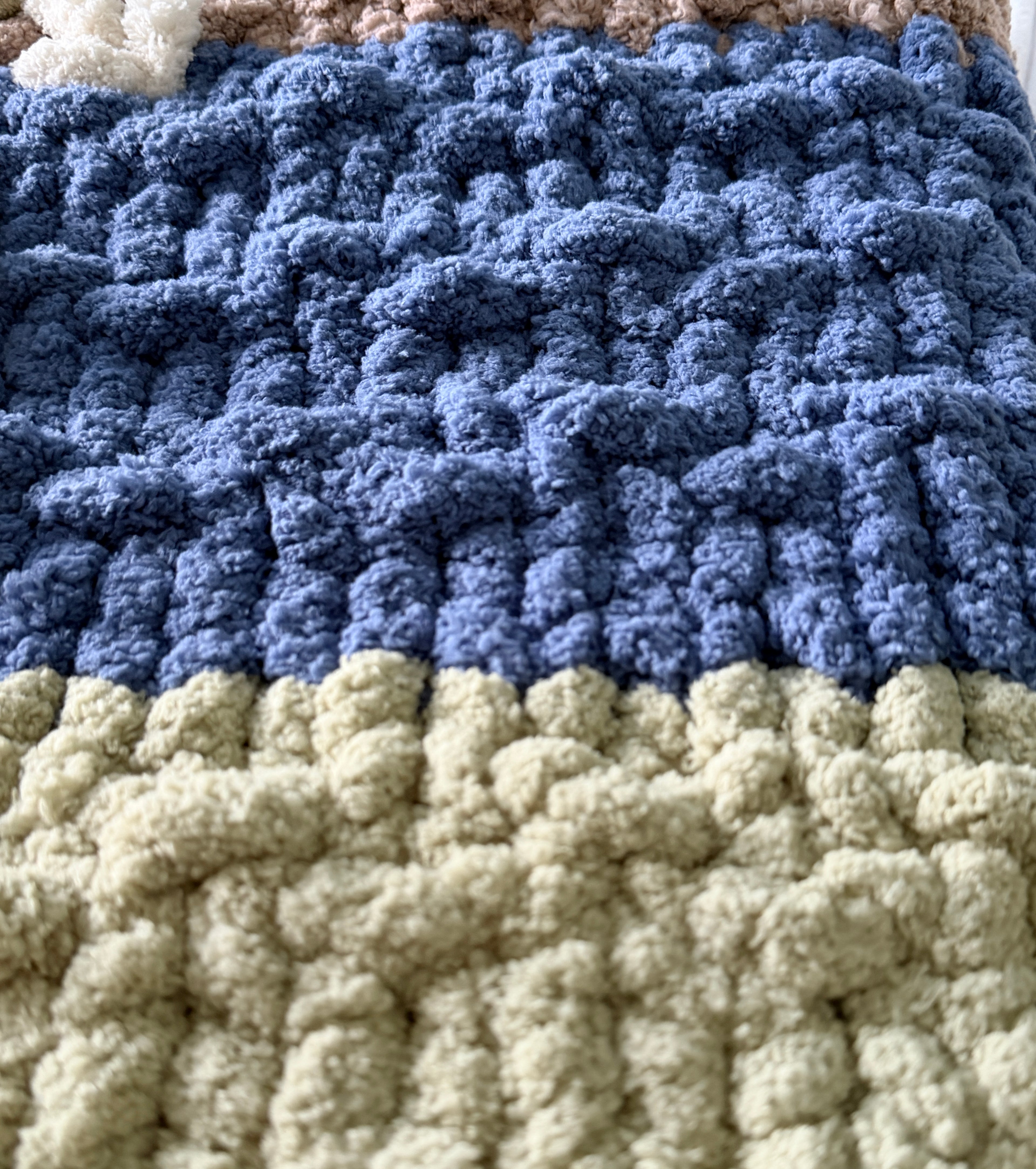 Soft Blue, Sage & Ivory Handmade Chunky Knit Lap Blanket with Floral Accents 38x50