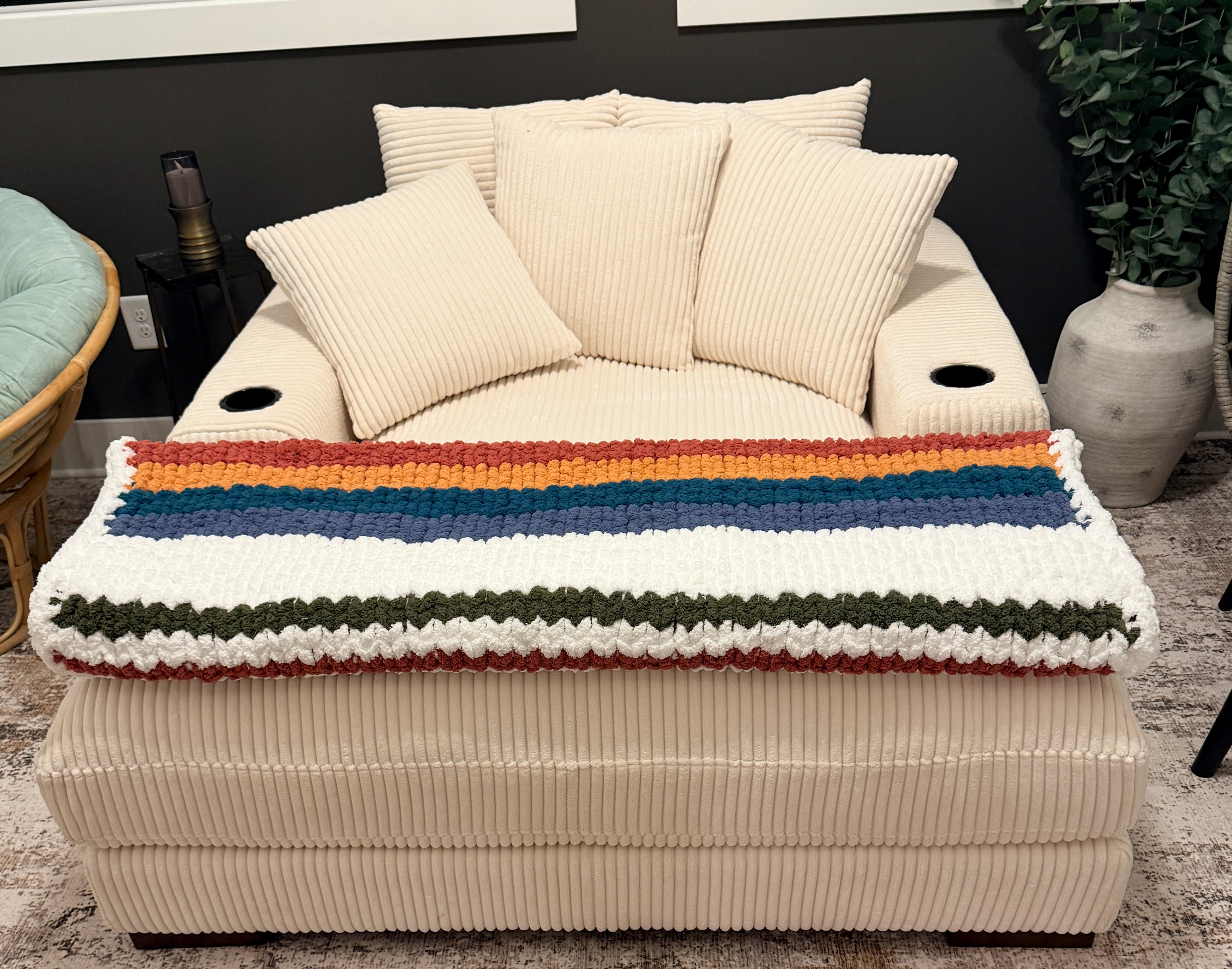 Handmade Chunky Knit Striped Blanket Throw, 55x76 Oversized Cozy Blanket